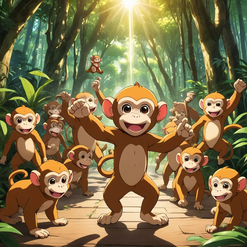 a group of monkeys standing on a wooden walkway in a forest with sunlight shining through the trees and a person holding a monkey, rayonism, a poster, Du Jin, promotional image