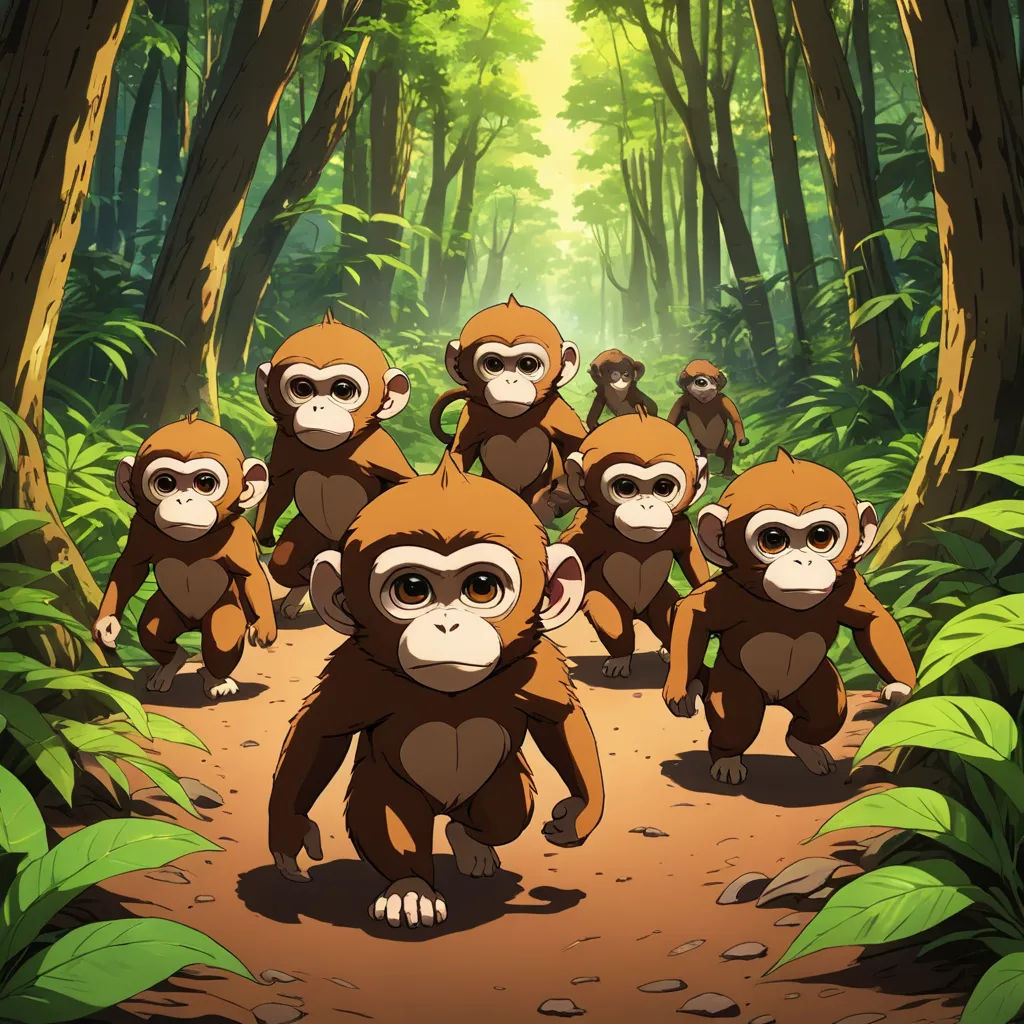 a group of monkeys walking through a forest filled with trees and plants, with a bright light in the background, rayonism, concept art, Chris LaBrooy, ufotable
