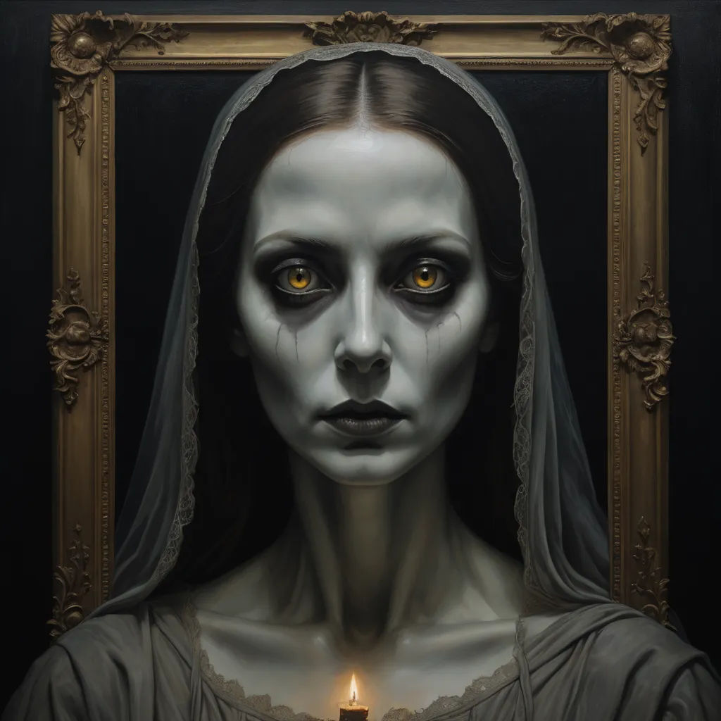 a woman with a candle in her hand and a picture frame behind her that has a picture of a woman with a candle in her hand, gothic art, an ultrafine detailed painting, Bastien L. Deharme, dark art