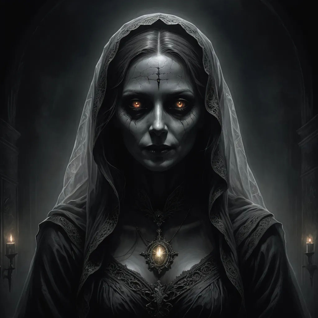 a woman with a veil and a cross on her head in a dark room with candles and a light, gothic art, an ultrafine detailed painting, Bastien L. Deharme, dark art