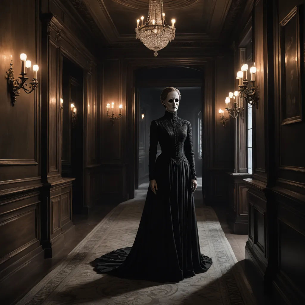 a woman in a black dress standing in a dark room with chandeliers on the ceiling and a chandelier hanging from the ceiling, gothic art, a poster, Dirk Crabeth, promotional image