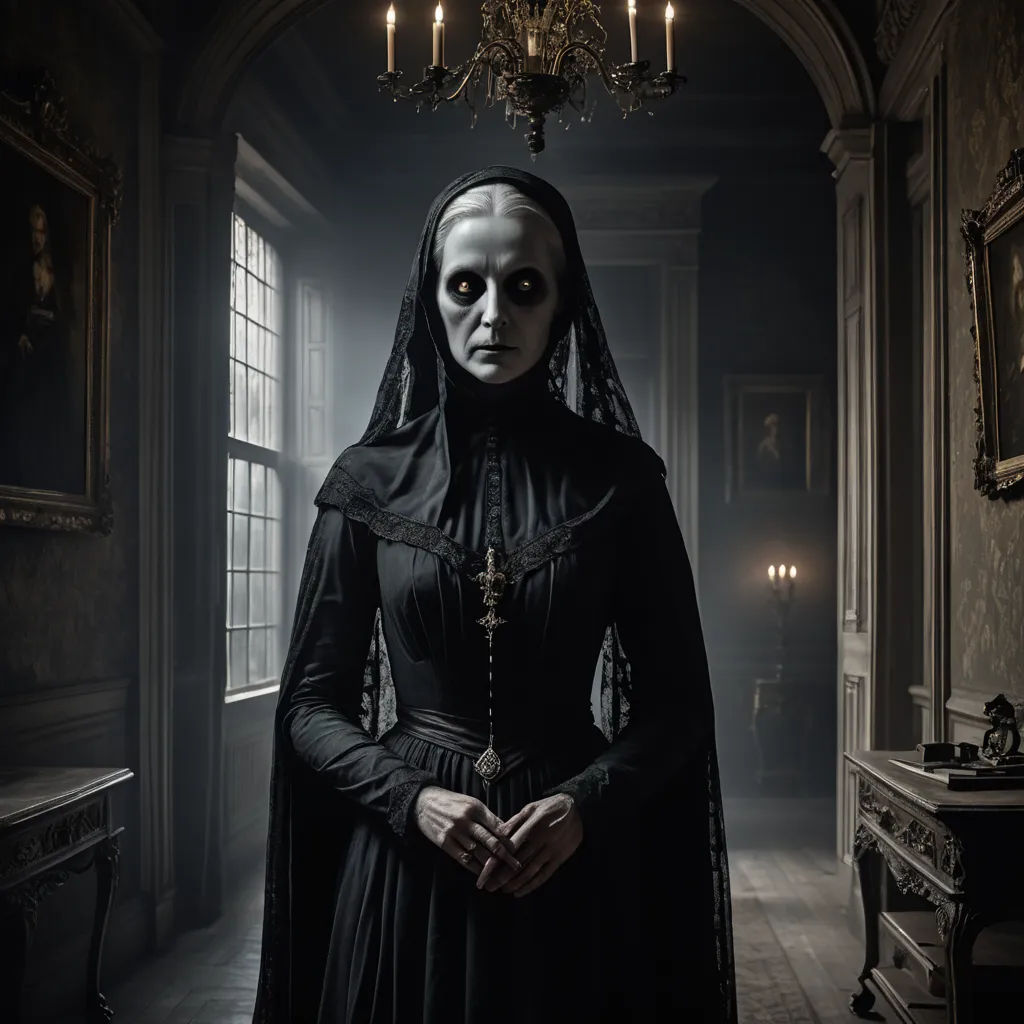 a woman in a nun costume standing in a dark room with a chandelier hanging from the ceiling, gothic art, a flemish Baroque, Dirk Crabeth, promotional image
