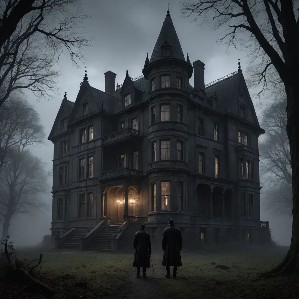 two people standing in front of a creepy house at night with a light on in the dark foggy night, international gothic, a matte painting, Dirk Crabeth, vfx