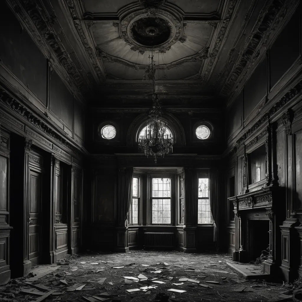 a room with a fireplace and a chandelier in it, with a lot of debris on the floor, neoplasticism, a detailed matte painting, Dirk Crabeth, decay
