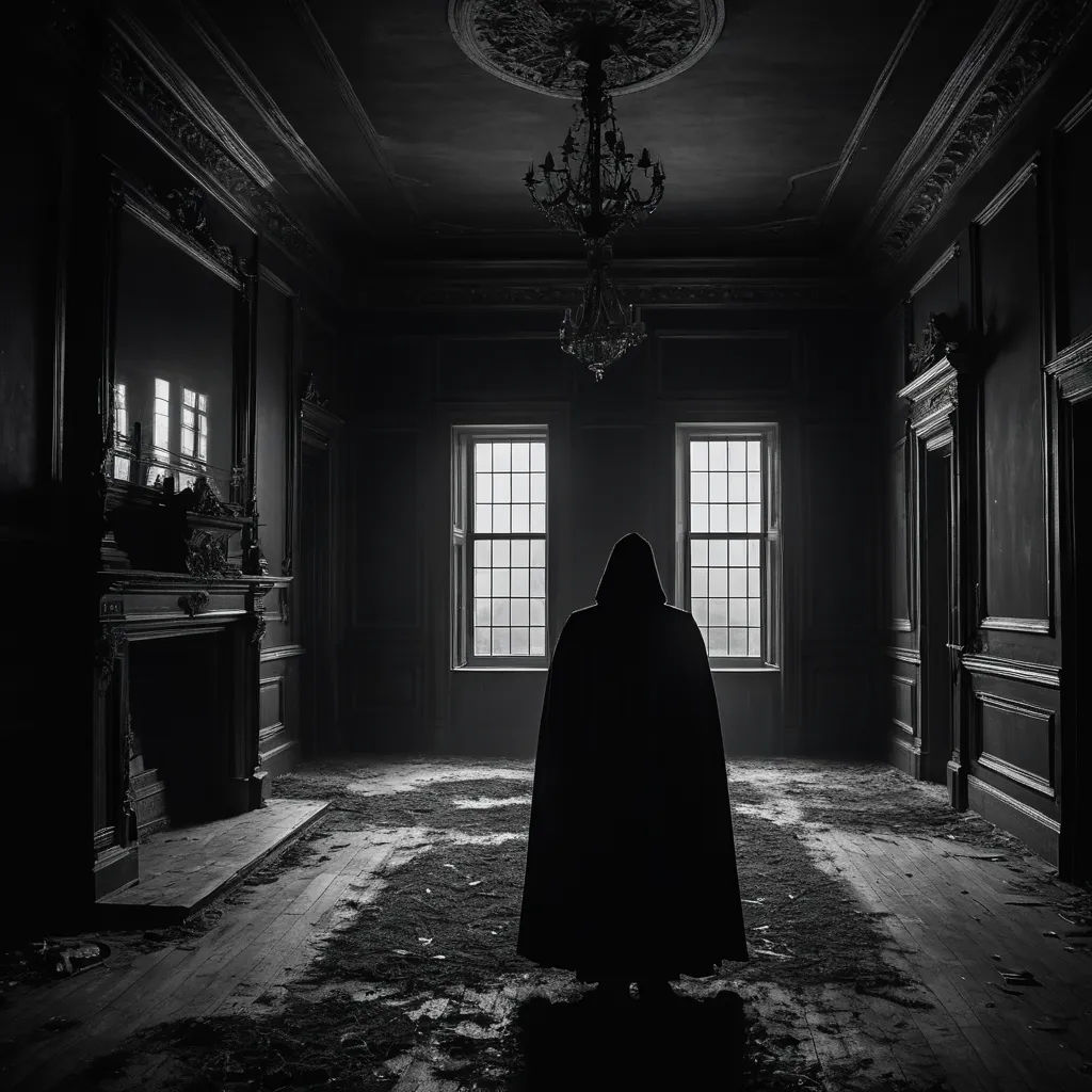 a person in a dark room with a cloak on their head and a chandelier hanging from the ceiling, vanitas, an ambient occlusion render, Carrie Mae Weems, unreal engine 5 highly rendered