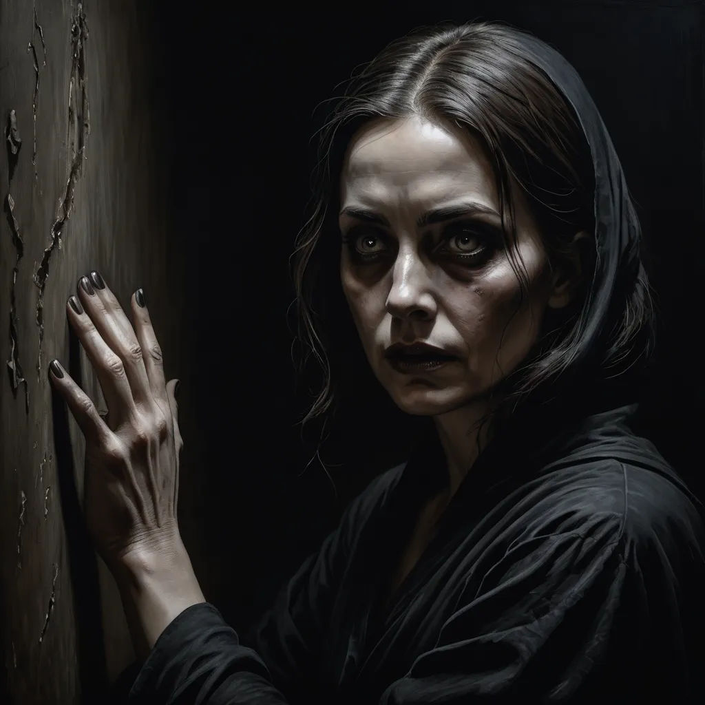 a woman with a black robe and a ring on her finger is looking out a window at something creepy, gothic art, an oil on canvas painting, Dino Valls, extremely detailed oil painting