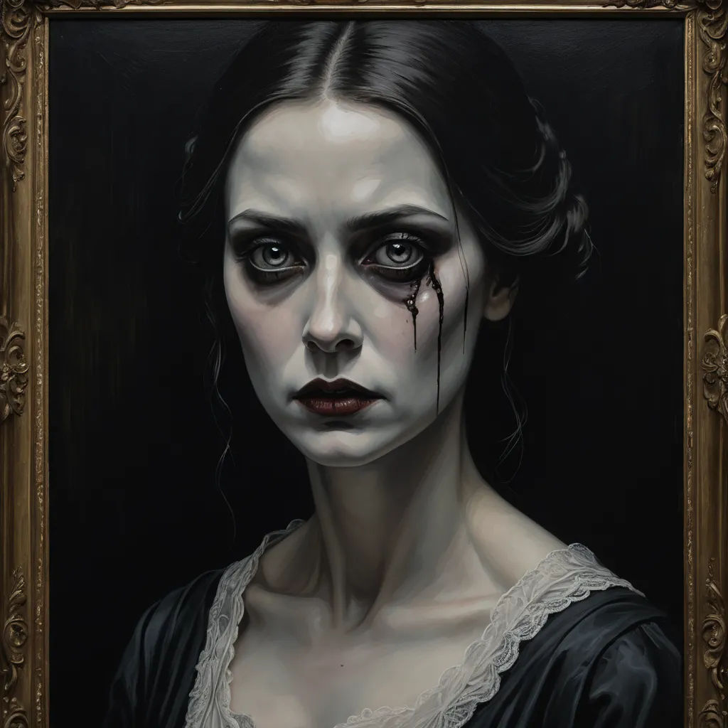a painting of a woman with makeup and blood on her face and eyes, in a frame with a black background, gothic art, an ultrafine detailed painting, Dirk Crabeth, dark art