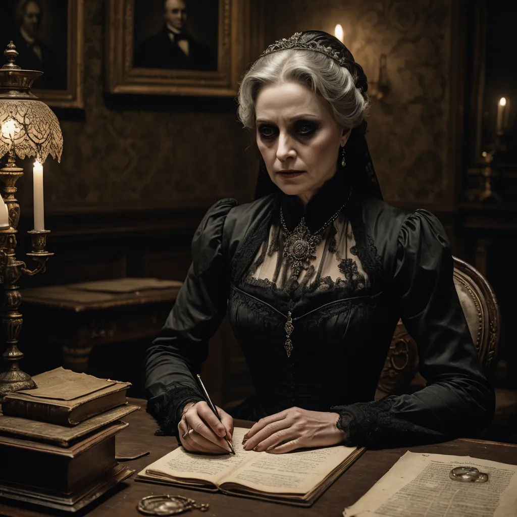 a woman in a black dress sitting at a table with a book and pen in her hand and a candle in the background, gothic art, a character portrait, Anna Maria Barbara Abesch, promotional image