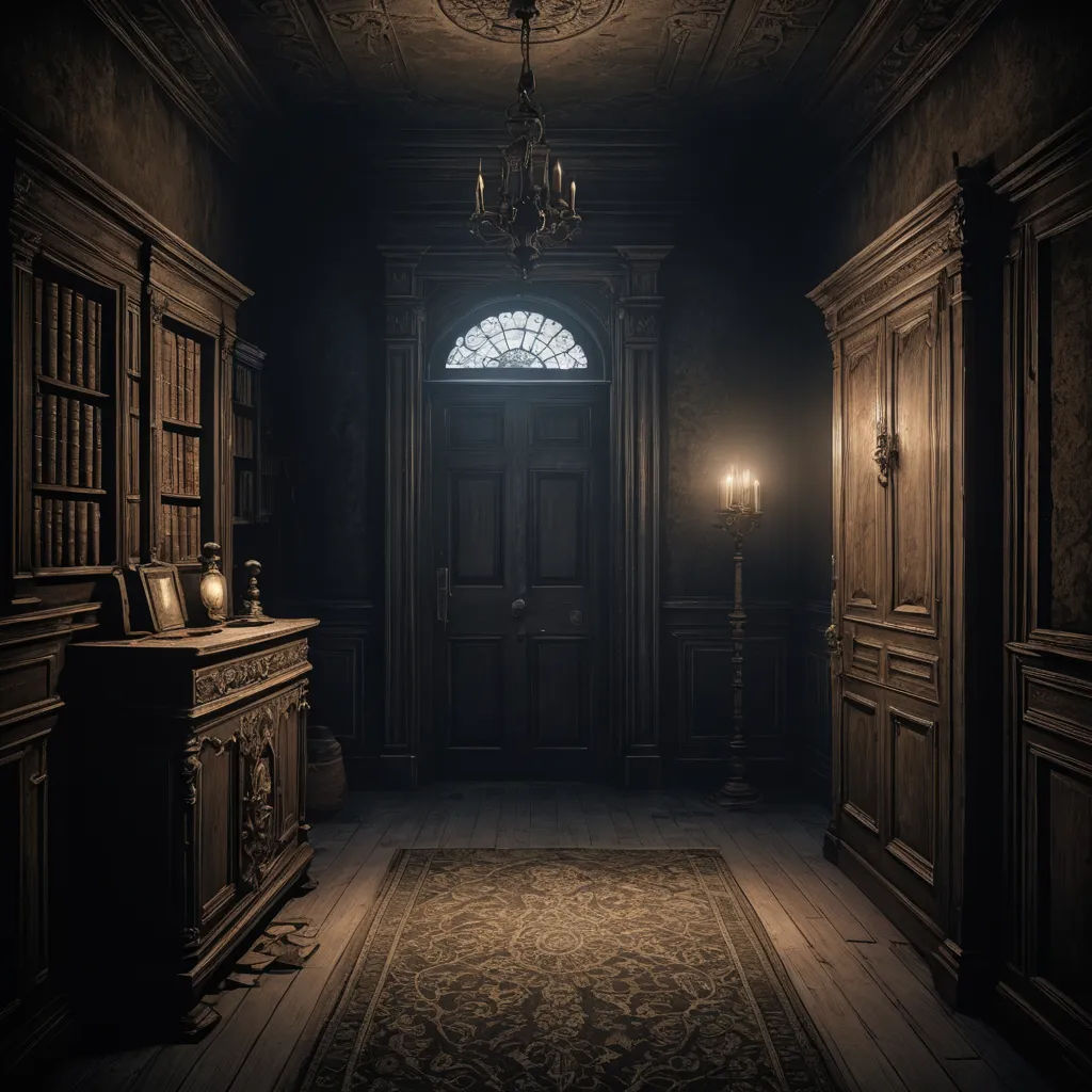 a dark hallway with a large wooden door and a chandelier hanging from the ceiling and a large rug on the floor, baroque, concept art, Akihiko Yoshida, rendered in unreal engine 5
