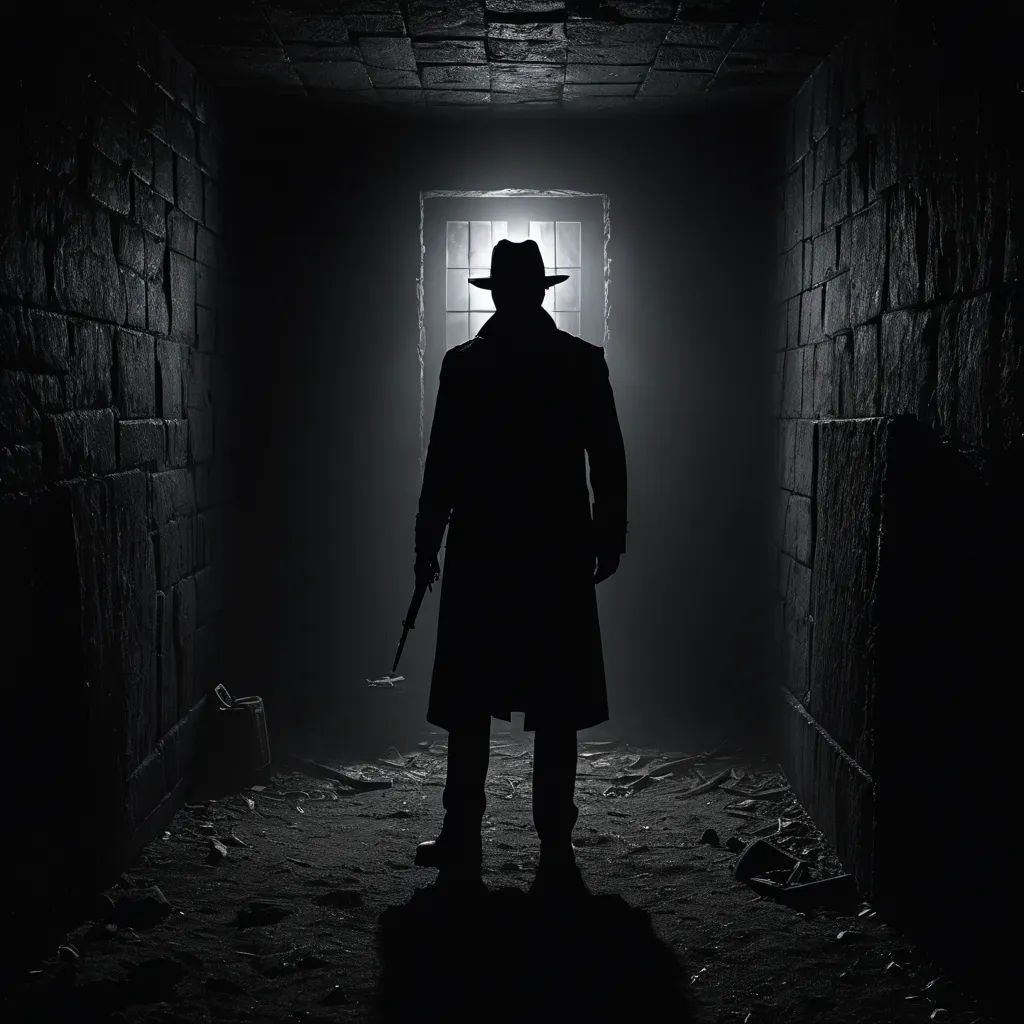 a man in a hat and trench coat standing in a dark hallway with a gun in his hand and a window in the background, dau-al-set, concept art, Dirk Crabeth, noir