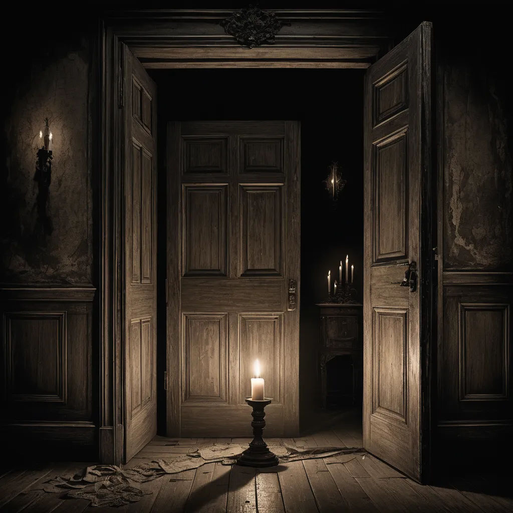a candle is lit in a dark room with two doors open to a dark room with a wooden floor, gothic art, an ambient occlusion render, Dirk Crabeth, cryengine