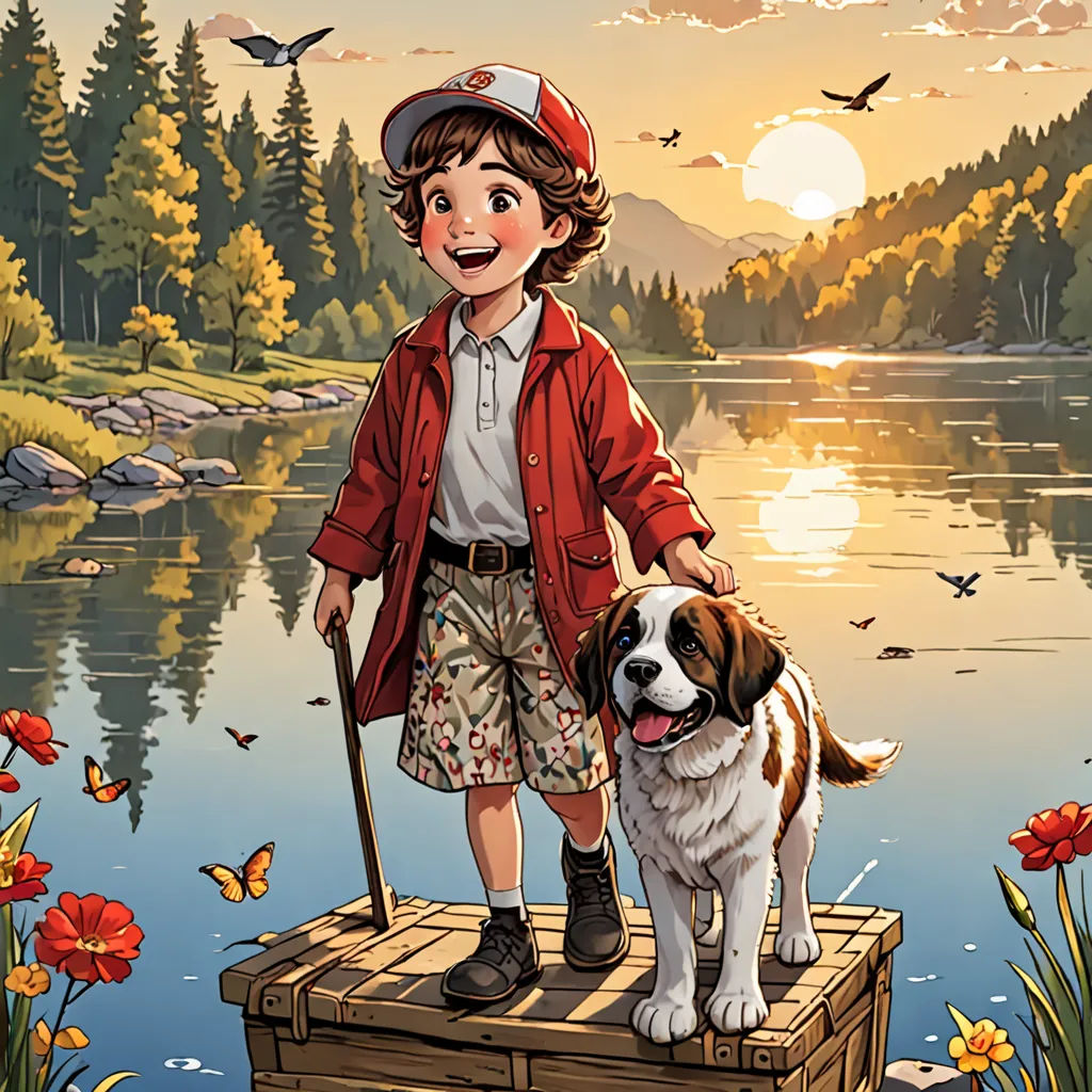 a boy and his dog are standing on a dock in front of a lake with a sunset and a bird, sots art, a storybook illustration, Bob Byerley, comic cover art