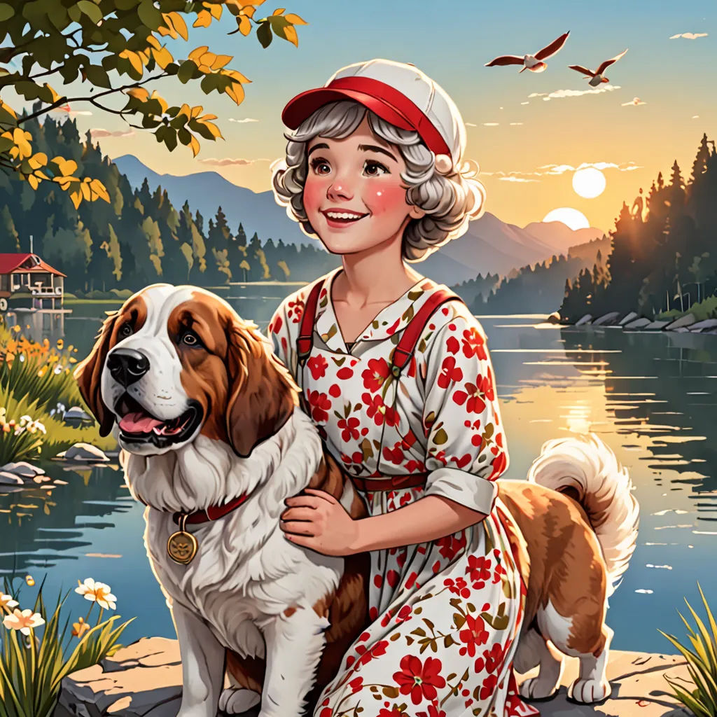 a woman sitting on a rock with a dog in front of her and a lake in the background with a bird flying overhead, american scene painting, a detailed painting, Art Frahm, kinkade