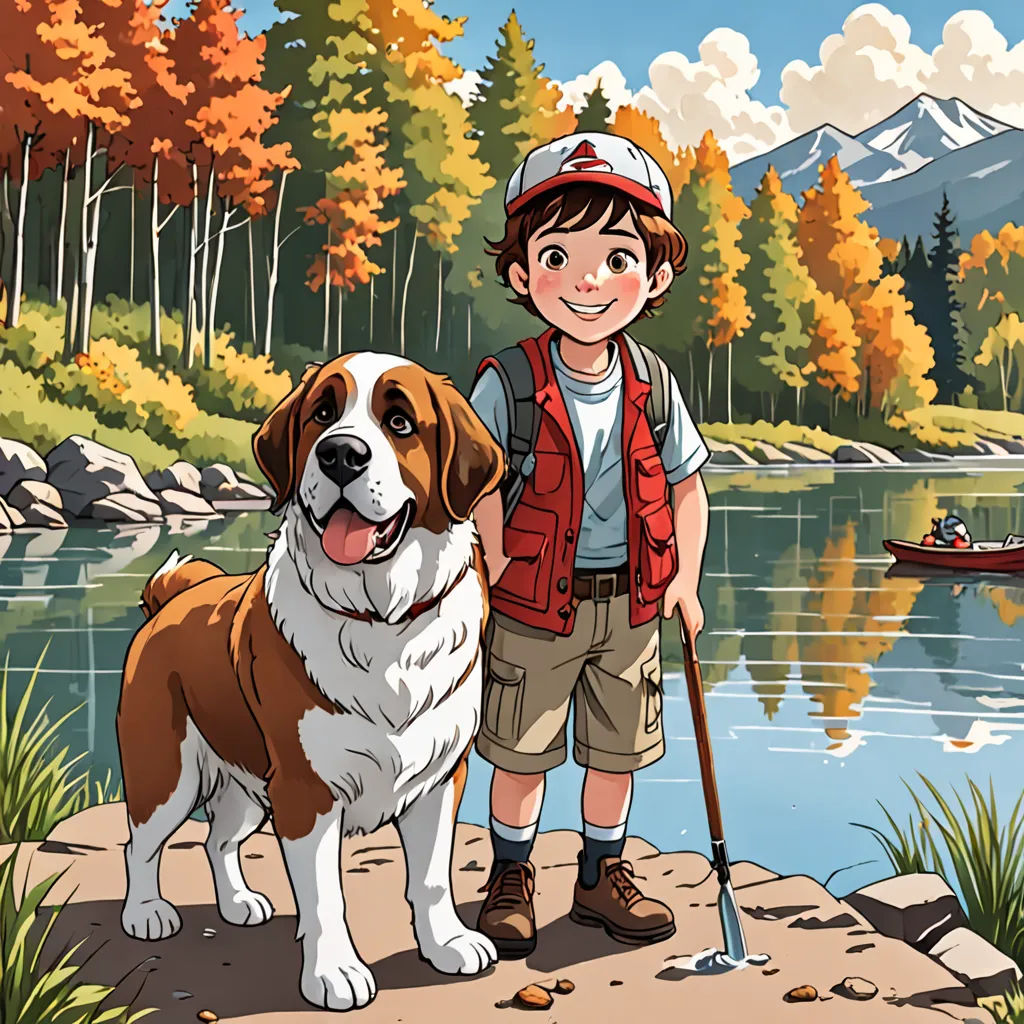 a boy and his dog are standing on a rock near a lake with a boat in the background and a boat in the water, american scene painting, a storybook illustration, Dan Mumford, official art
