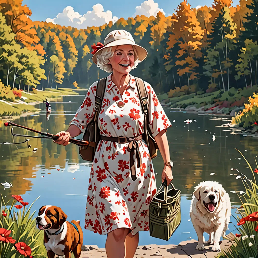 a woman walking two dogs on a path near a lake with a lake in the background and trees in the background, american scene painting, a detailed painting, F. Scott Hess, highly detailed digital painting