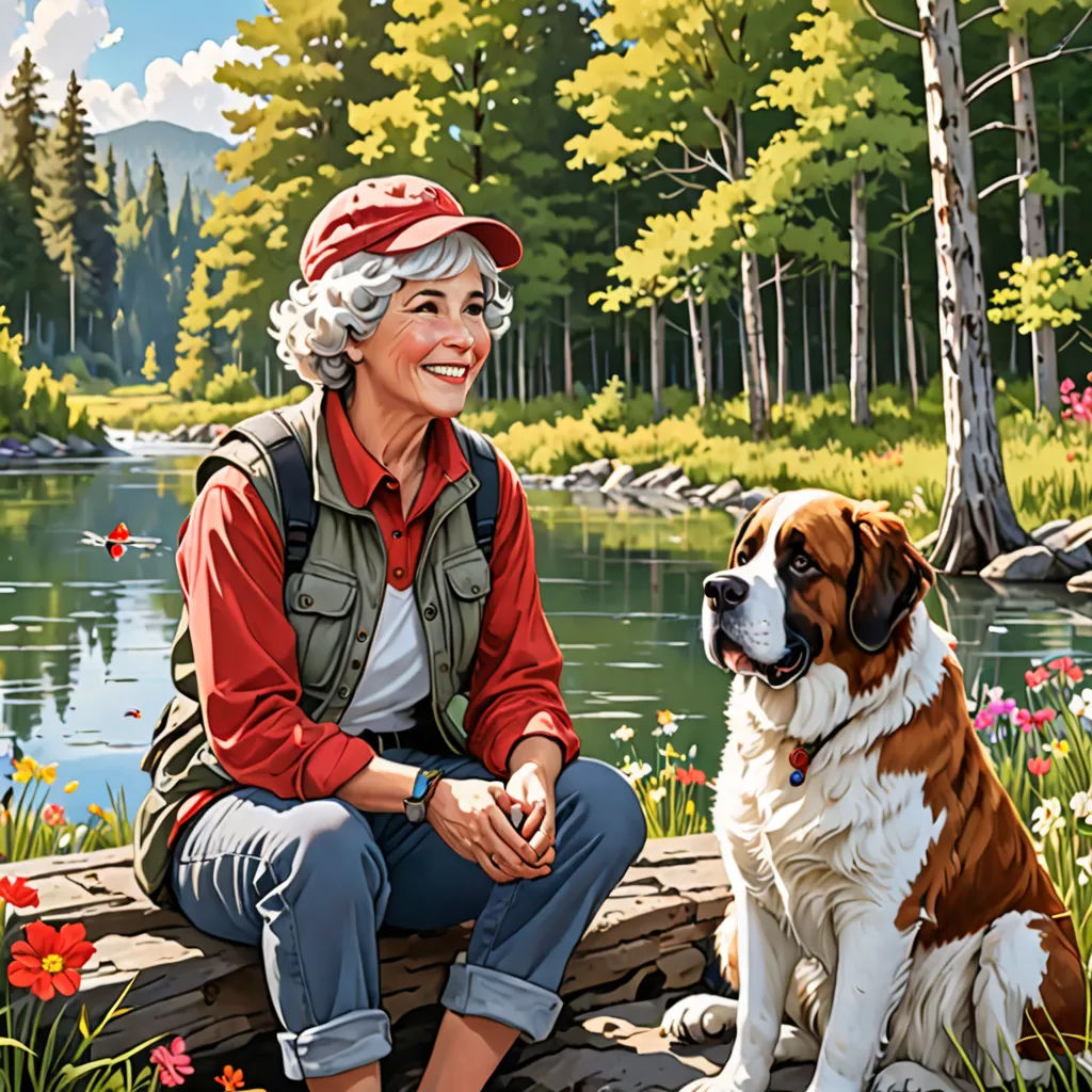a painting of a woman sitting next to a dog on a log in a forest with flowers and trees, american scene painting, a storybook illustration, Ada Gladys Killins, highly detailed digital painting