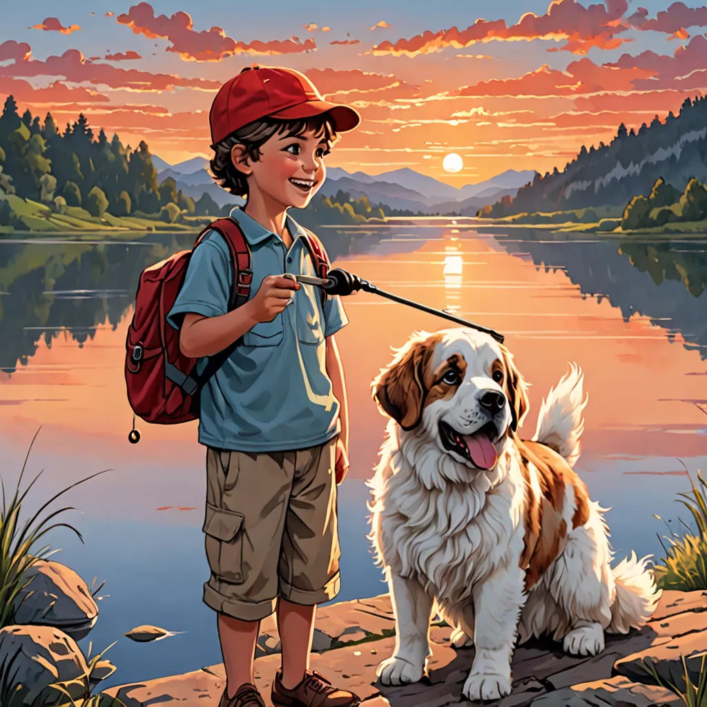 a boy with a backpack and a dog on a rocky shore at sunset with a lake in the background, american scene painting, a storybook illustration, Brothers Hildebrandt, kinkade