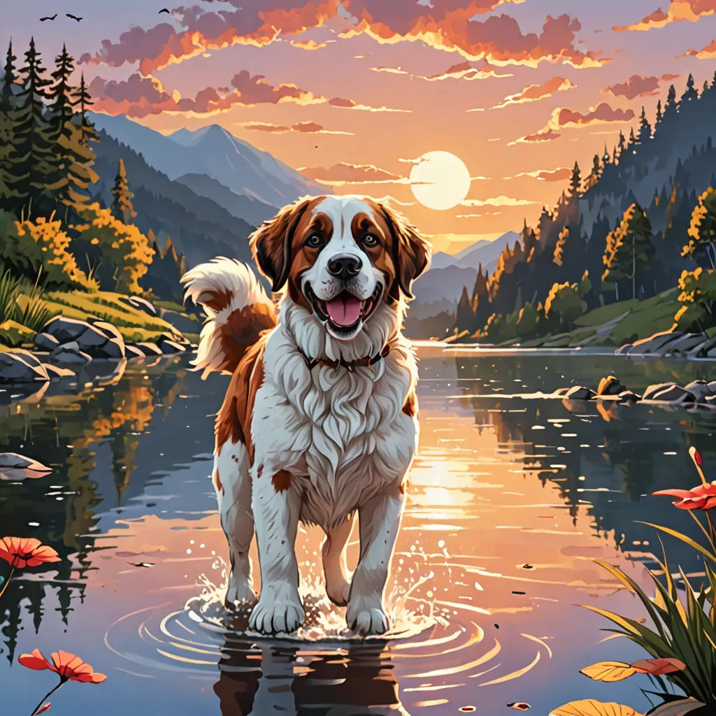 a dog standing in a lake with a sunset in the background and a mountain range in the background with a lake and trees, american scene painting, a fine art painting, Dan Mumford, highly detailed digital painting