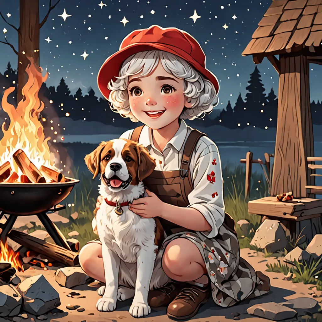 a girl sitting next to a dog in front of a campfire with a campfire in the background, fantasy art, a storybook illustration, Cyril Rolando, trending on art station
