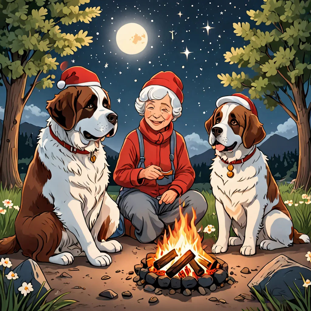 a woman and two dogs sitting in front of a campfire at night with a full moon in the sky, furry art, a storybook illustration, Dan Mumford, comic cover art