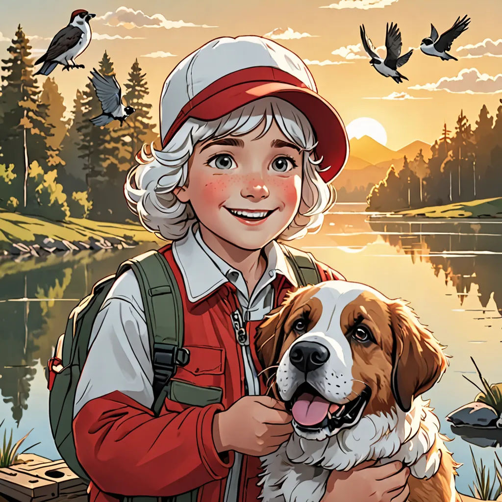 a boy with a dog in his arms near a lake and birds flying around him, with a bird flying above him, furry art, a comic book panel, Ada Gladys Killins, comic cover art