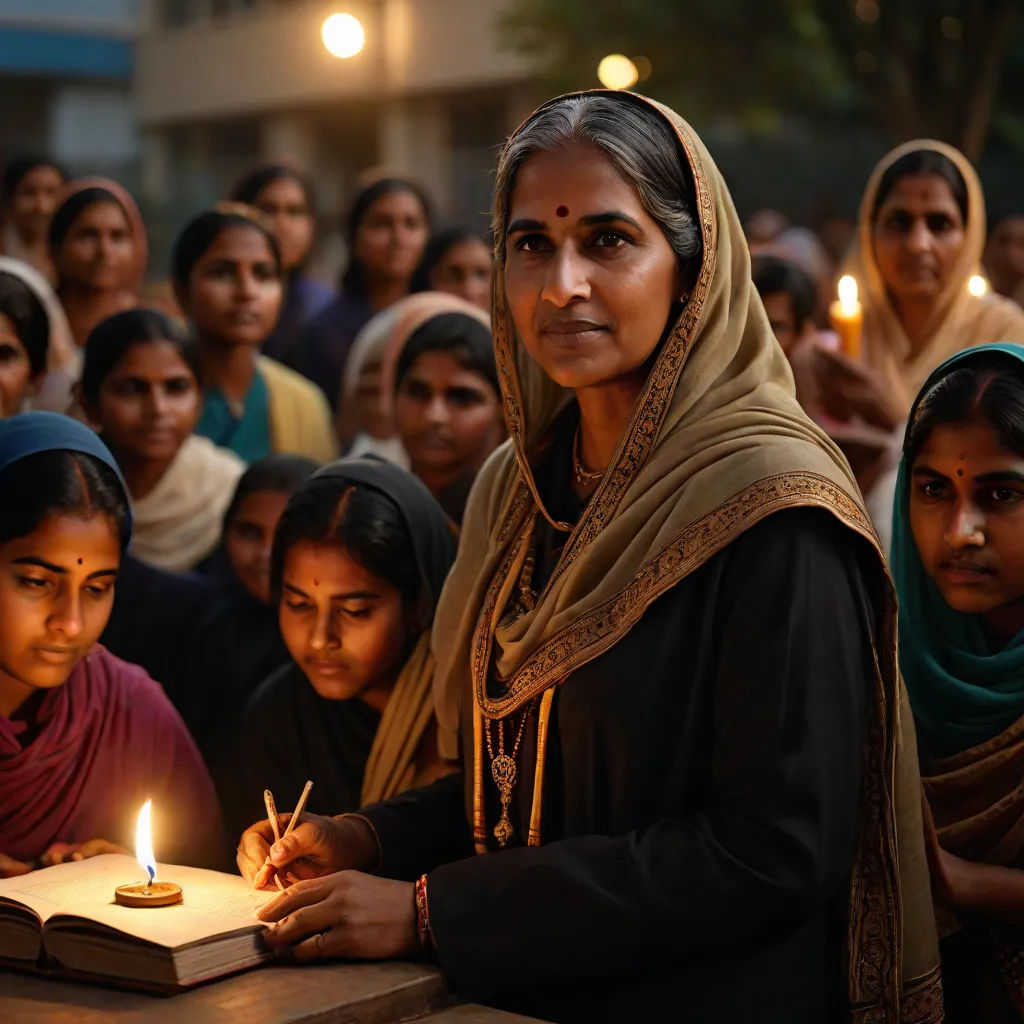 a woman standing in front of a group of women holding a lit candle in her hand and a book in front of her, bengal school of art, a photo, Ella Guru, radiant light