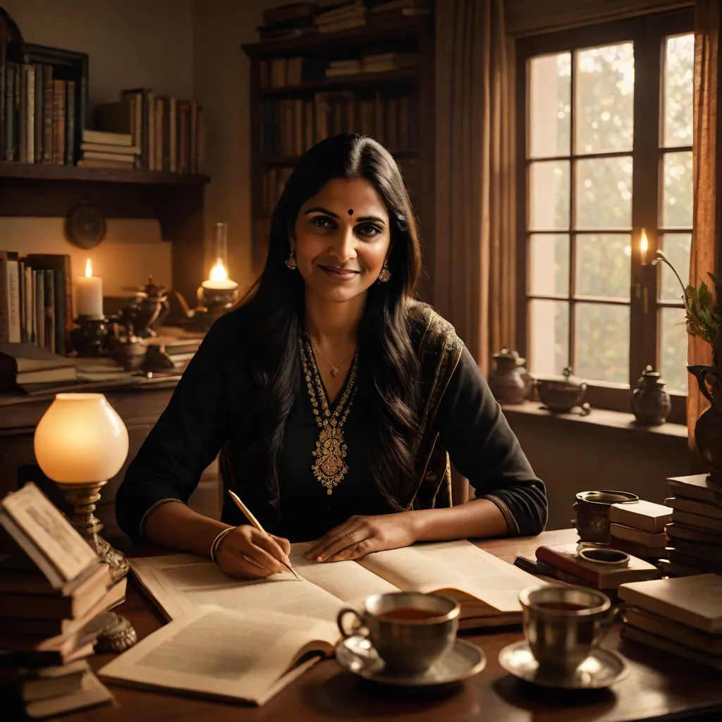 a woman sitting at a desk with a book and pen in her hand and a cup of coffee in front of her, arts and crafts movement, a storybook illustration, Ella Guru, promotional image