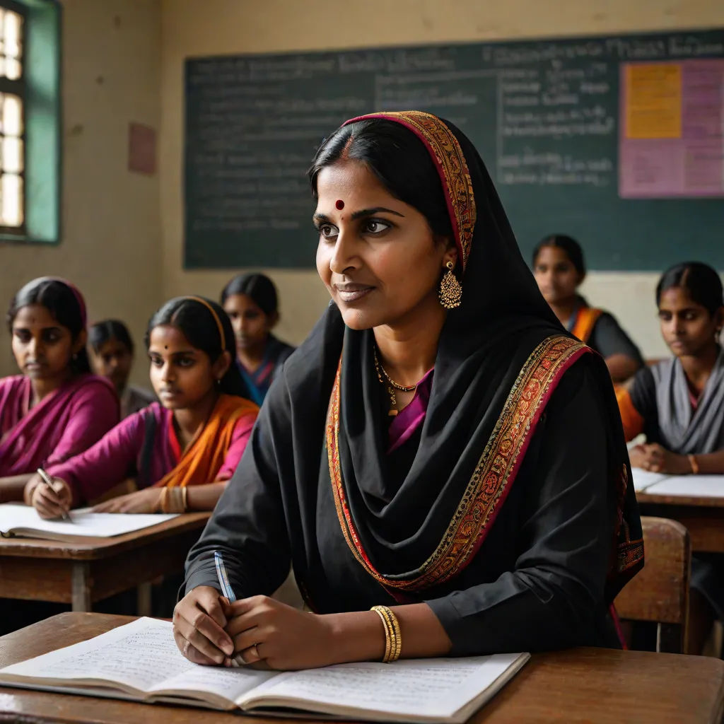 a woman sitting at a desk in a classroom with other students in the background and a chalkboard with writing on it, bengal school of art, a photocopy, Ella Guru, jayison devadas