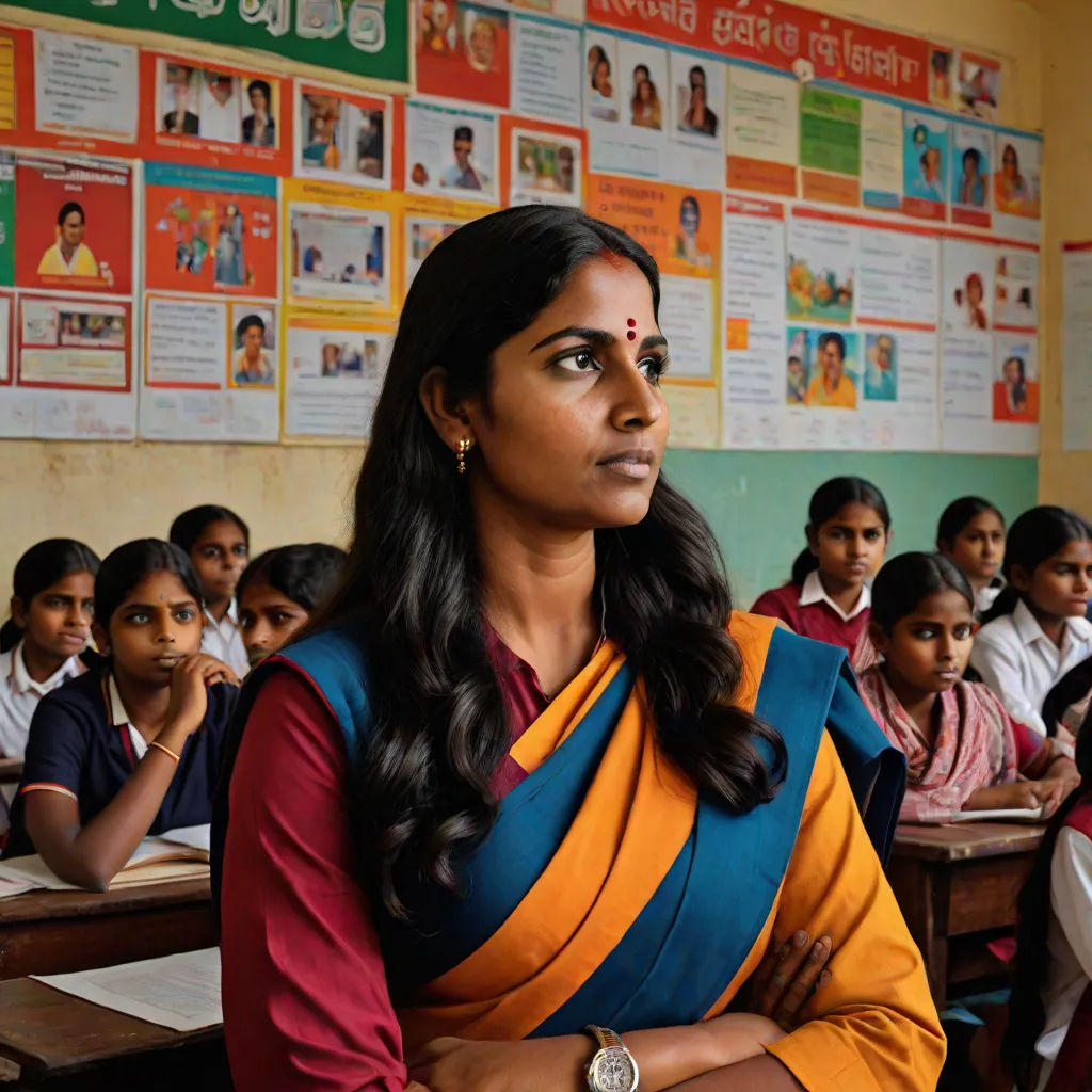 a woman standing in front of a classroom full of students in india, with her arms crossed, looking off to the side, samikshavad, a character portrait, Ella Guru, promotional image