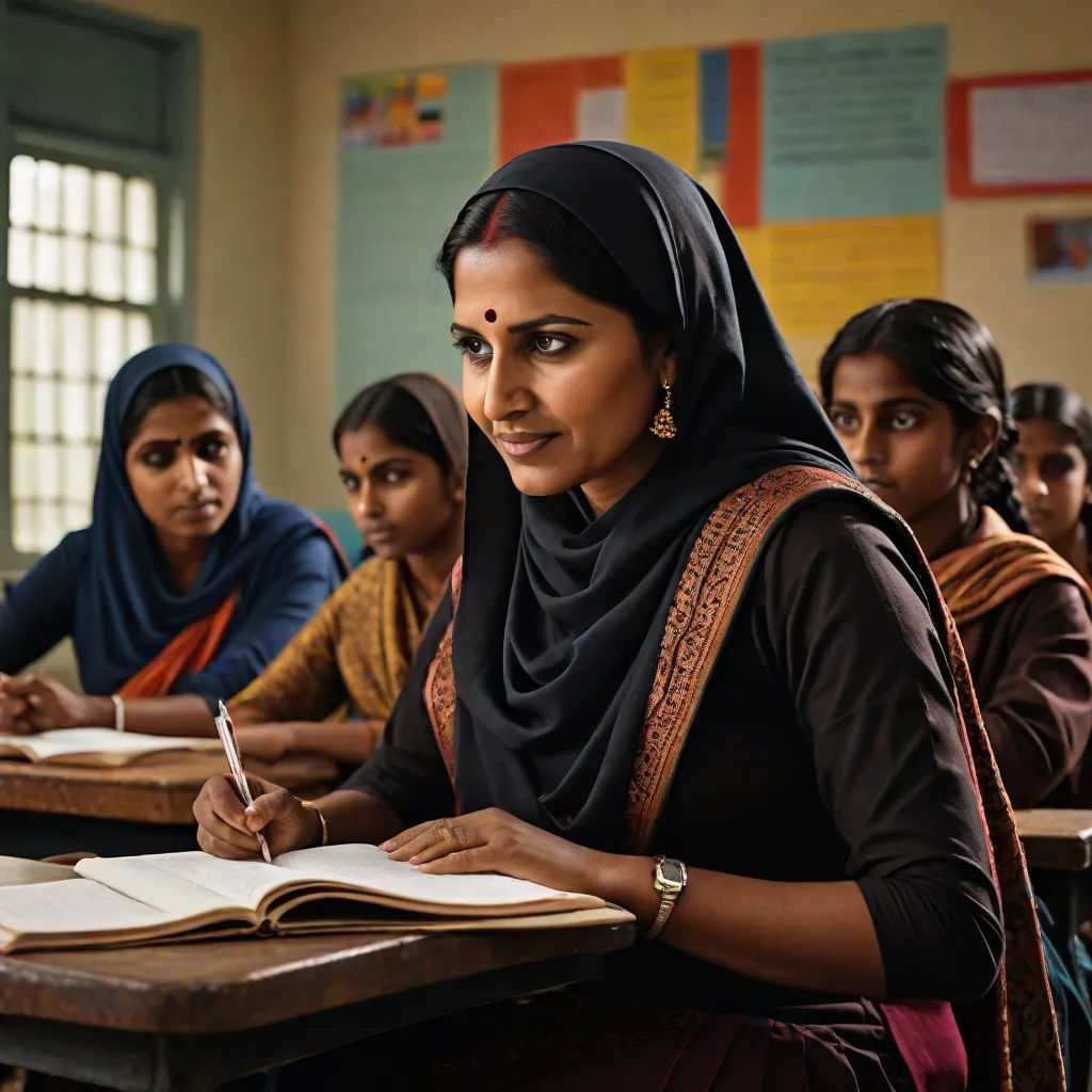 a woman sitting at a desk with a book and pen in her hand and another woman standing behind her, bengal school of art, a poster, Ella Guru, movie still frame