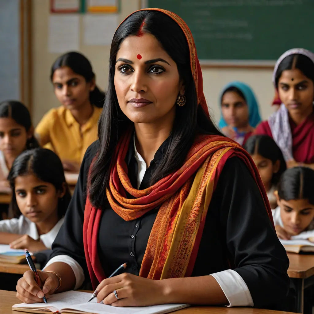 a woman sitting at a desk with a pen and paper in front of her and a group of children behind her, vancouver school, a poster, Ella Guru, promotional image