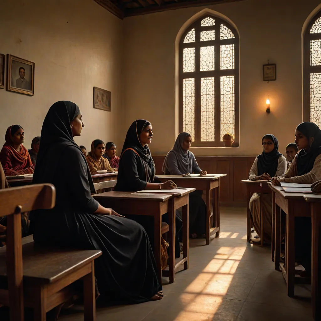 a group of women sitting at desks in a classroom with windows behind them and sunlight streaming through the windows, bengal school of art, a detailed matte painting, Annie Leibovitz, movie still