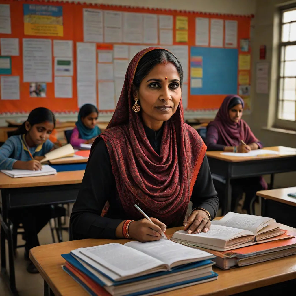 a woman sitting at a desk with a book and pen in her hand and a notebook in front of her, danube school, a character portrait, Ella Guru, jayison devadas
