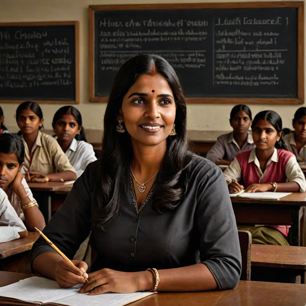 a woman sitting at a desk in front of a group of children in a classroom with a chalkboard, bengal school of art, a character portrait, Ella Guru, jayison devadas