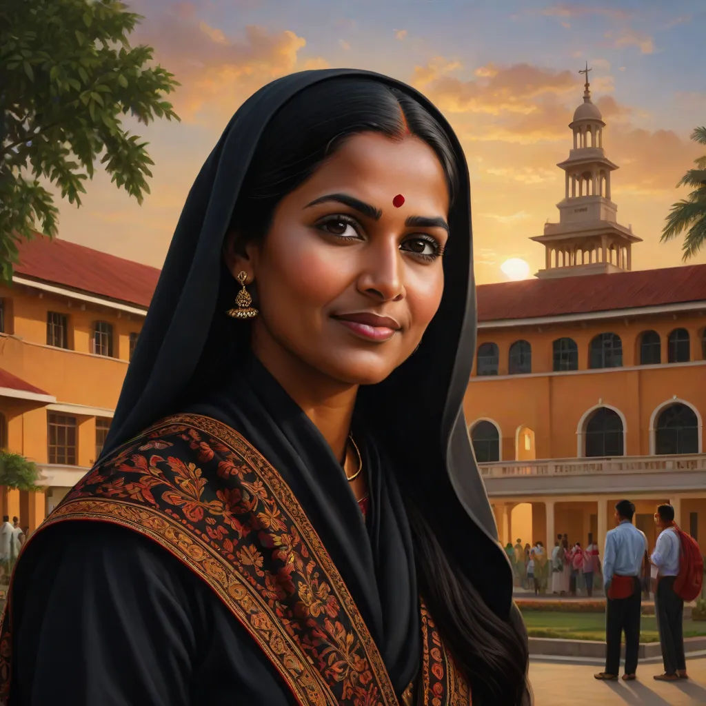 a painting of a woman in a black outfit with a red and gold shawl and a building in the background, bengal school of art, a detailed matte painting, Ella Guru, promotional image