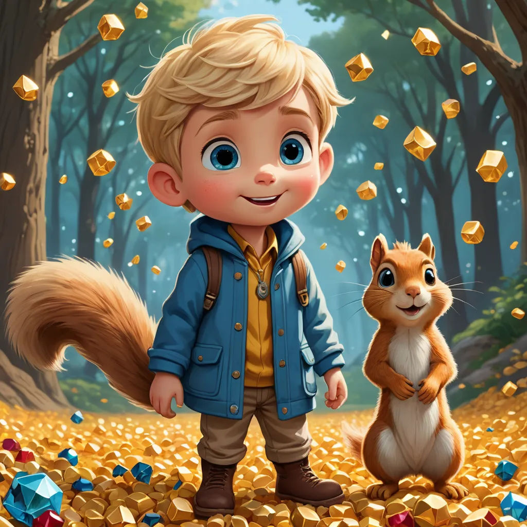 a boy and a squirrel are standing in a forest with gold leaves and a tree with a golden leaf, sots art, an oil painting, Aaron Jasinski, key art