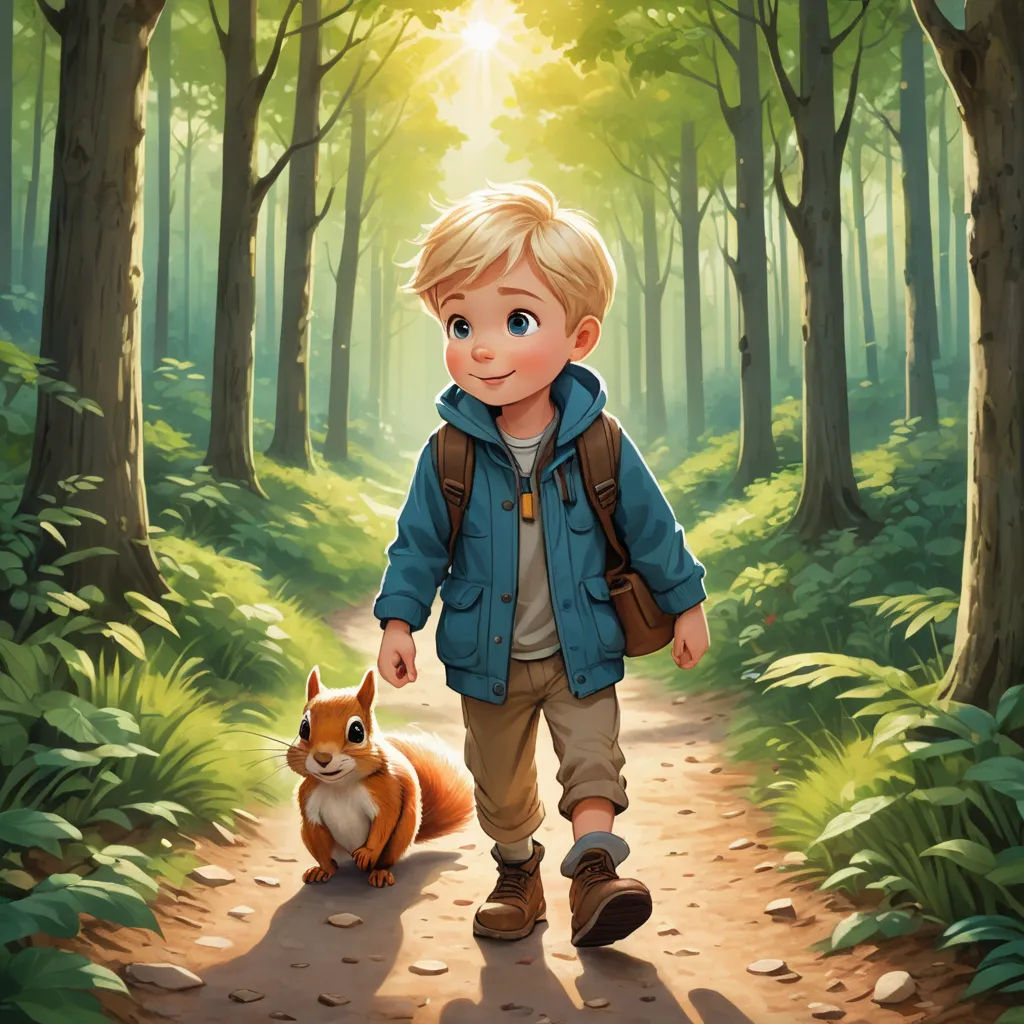a boy walking down a path with a squirrel on his hand in a forest with trees and grass, and sunlight shining through the trees, sots art, a storybook illustration, Aaron Jasinski, storybook illustration