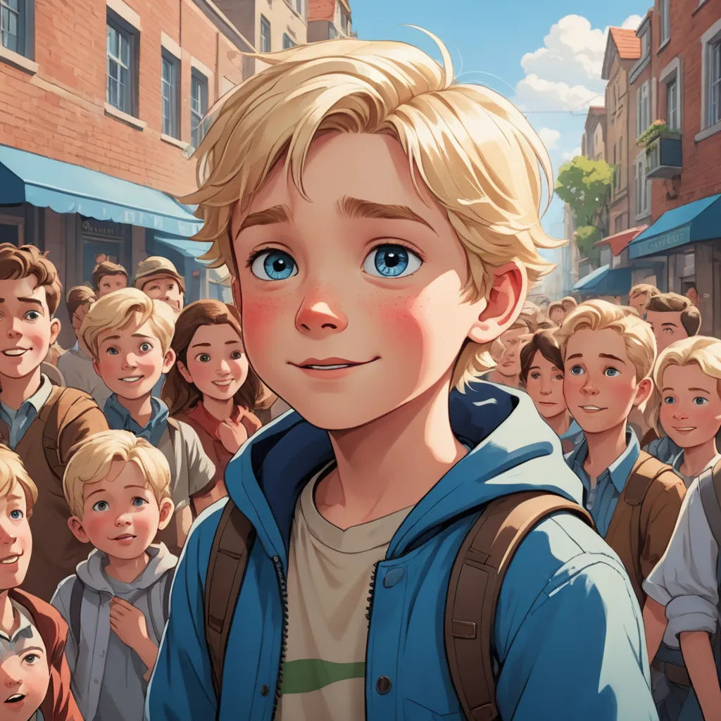 a boy in a crowd of people is looking at the camera with a smile on his face and a blue eyes, furry art, a storybook illustration, disney, rossdraws global illumination