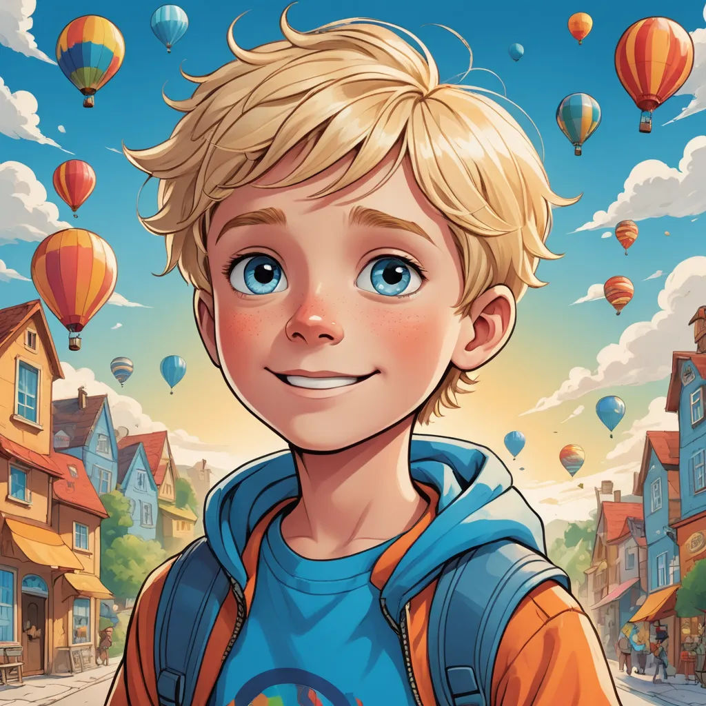 a boy with blonde hair and blue eyes is standing in front of a street with hot air balloons in the sky, photorealism, a character portrait, Aaron Jasinski, rossdraws global illumination