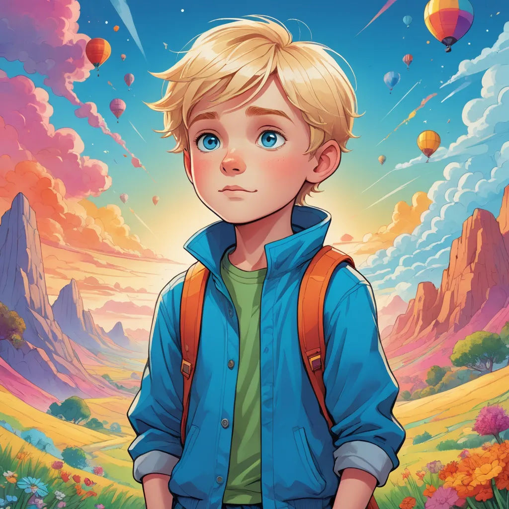 a boy with a backpack standing in front of a mountain landscape with hot air balloons flying above him and a sky full of clouds, fantasy art, a storybook illustration, Aaron Jasinski, rossdraws global illumination