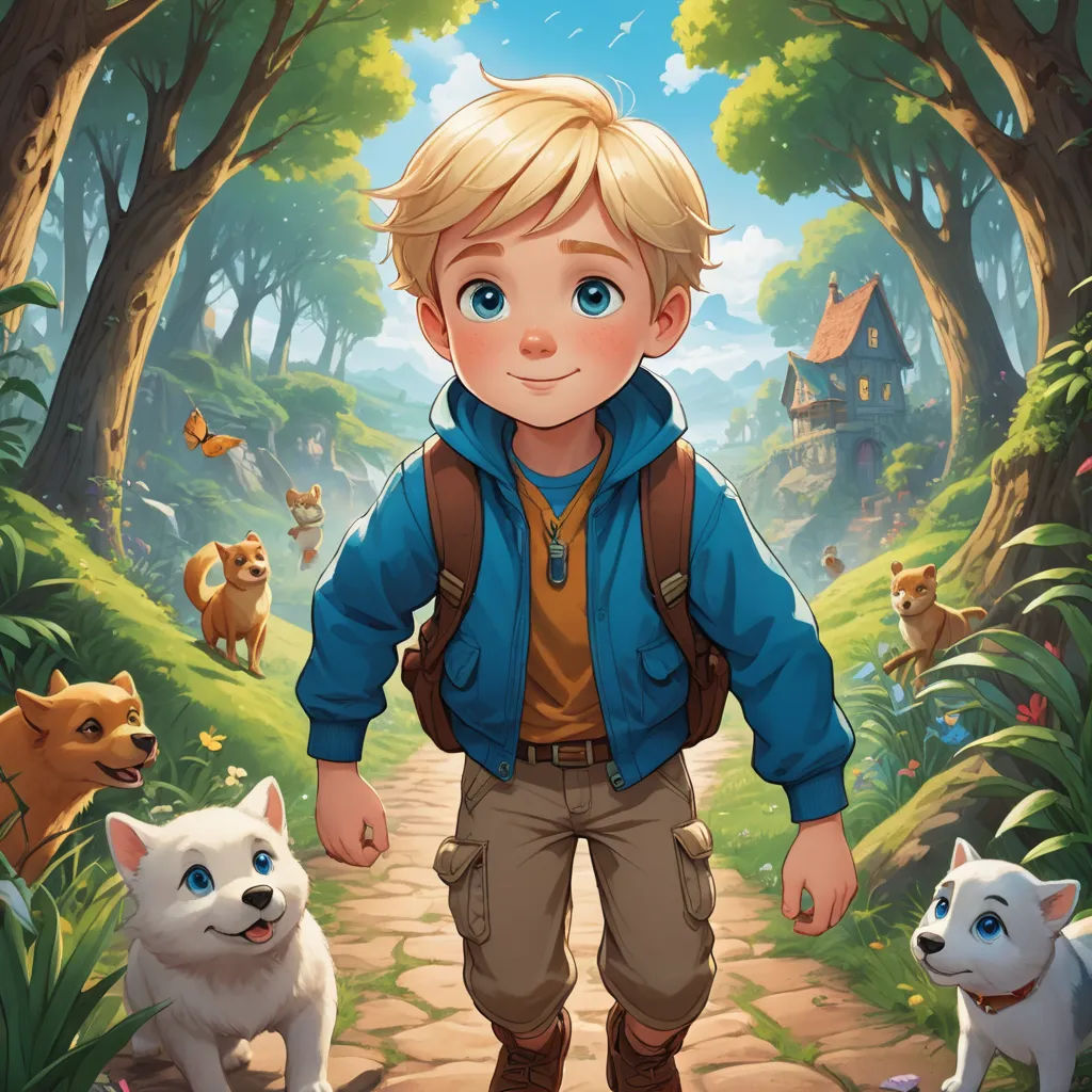 a boy is standing in the woods with two dogs and a house in the background, and a forest with animals, furry art, a storybook illustration, Aaron Jasinski, key art