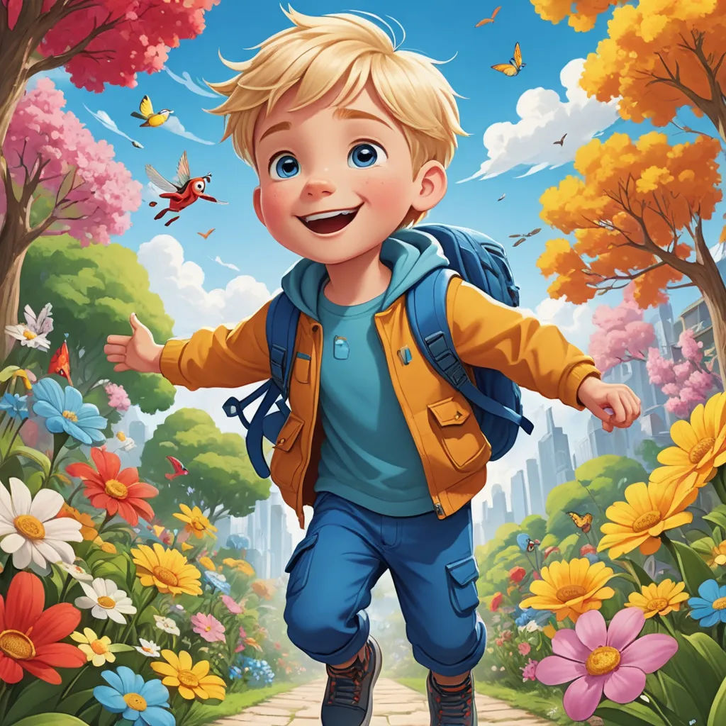 a boy is walking through a park with flowers and trees in the background and a city in the background, lyco art, a storybook illustration, Aaron Jasinski, highly detailed digital painting