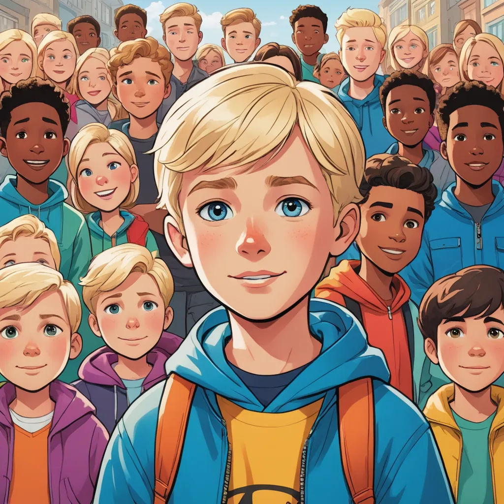 a cartoon of a boy surrounded by a crowd of people in a city street, with a blue sky in the background, american realism, a storybook illustration, Aaron Jasinski, comic cover art