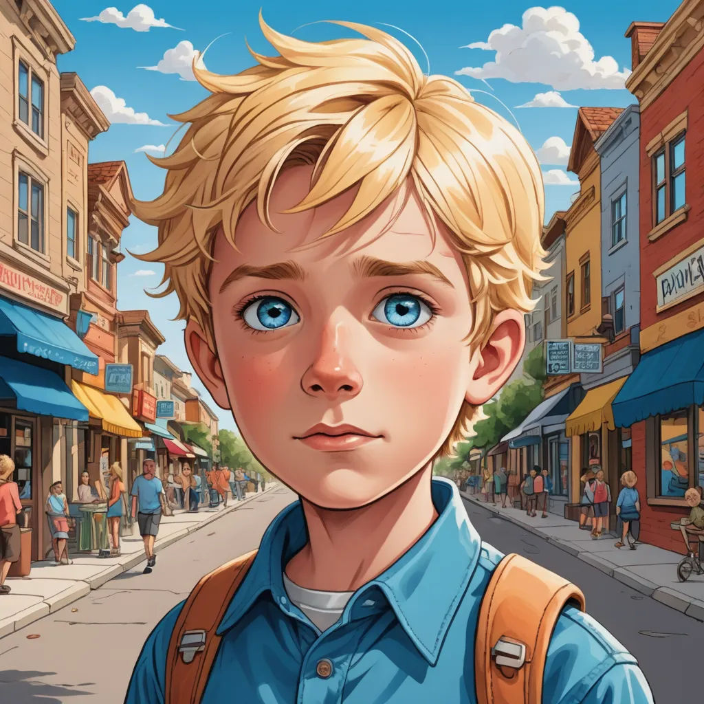 a boy with a backpack on a city street with a blue sky in the background and a street with people, hyperrealism, poster art, Aaron Jasinski, rossdraws global illumination