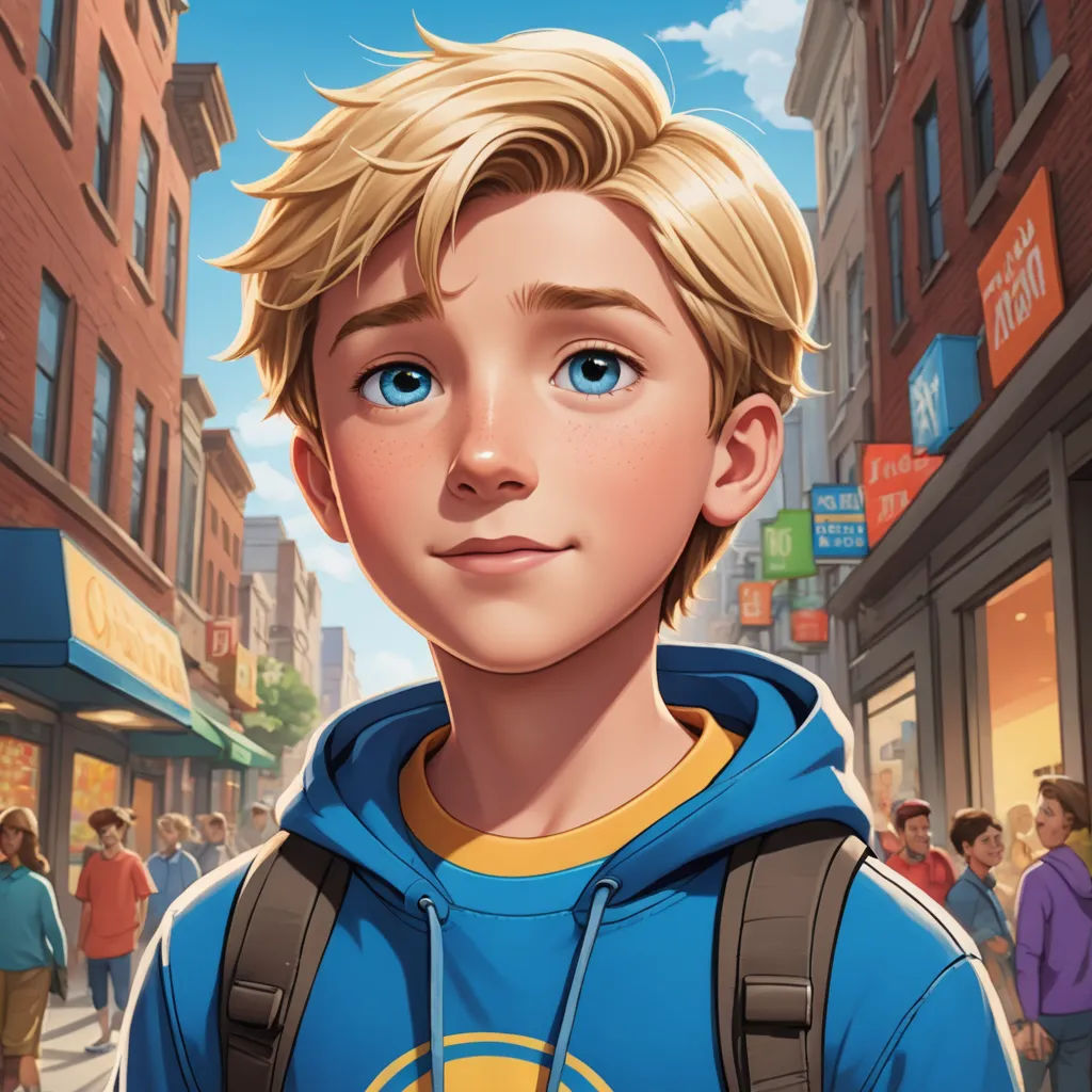 a boy in a blue hoodie is standing in front of a crowd of people on a city street, american scene painting, a character portrait, Aaron Jasinski, kinkade