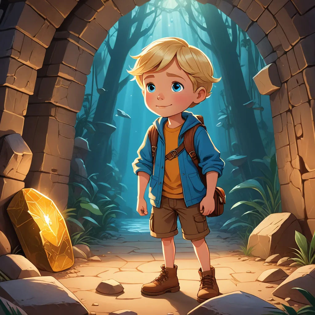 a boy standing in a tunnel with a gold coin in his hand and a flashlight in his hand, in front of a forest, sots art, concept art, Cliff Childs, rossdraws global illumination