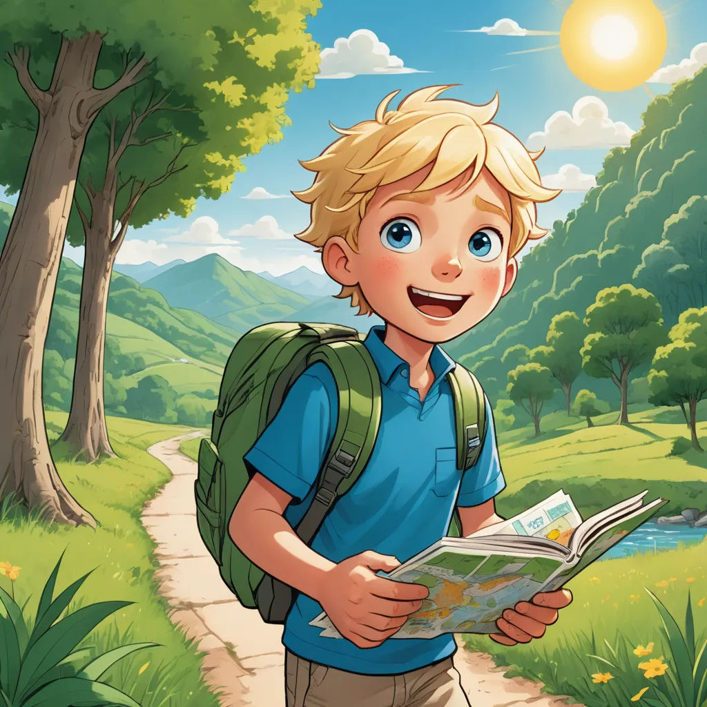 a boy with a backpack is reading a book in the woods and smiling at the camera while standing on a path, lyco art, a storybook illustration, Aaron Jasinski, rossdraws global illumination