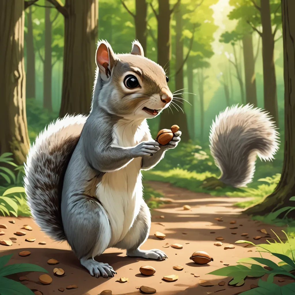 a squirrel is eating a nut in the woods by itself, with a forest background, and a path leading to the forest, altermodern, a character portrait, Chris LaBrooy, official art