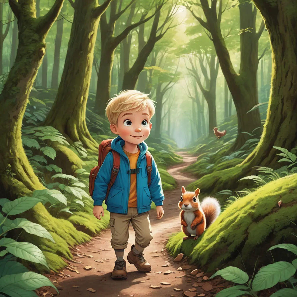 a boy walking through a forest with a squirrel on a path in front of him and a bird flying above him, sots art, a storybook illustration, Aaron Jasinski, storybook illustration