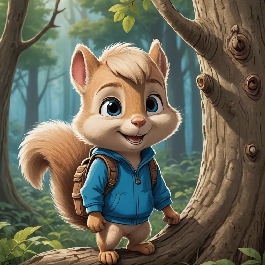 a cartoon squirrel with a backpack standing in a forest with a tree trunk and a tree trunk in the background, furry art, a digital painting, Chris LaBrooy, official art